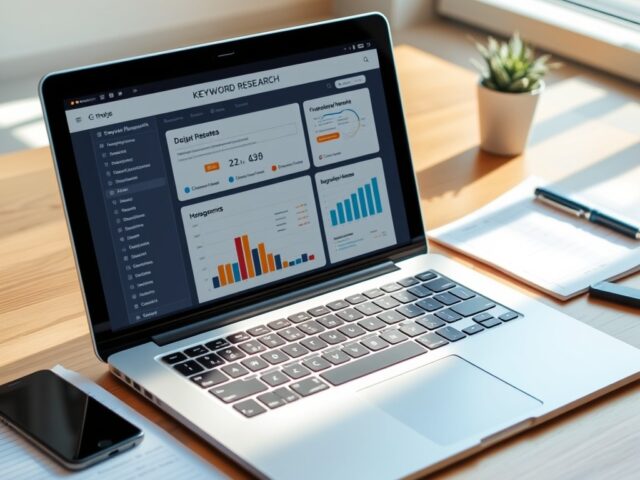 Keyword research SEO su laptop con grafici e dati per analizzare parole chiave e traffico organico