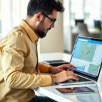 Consulente SEO locale che analizza dati online su laptop e smartphone