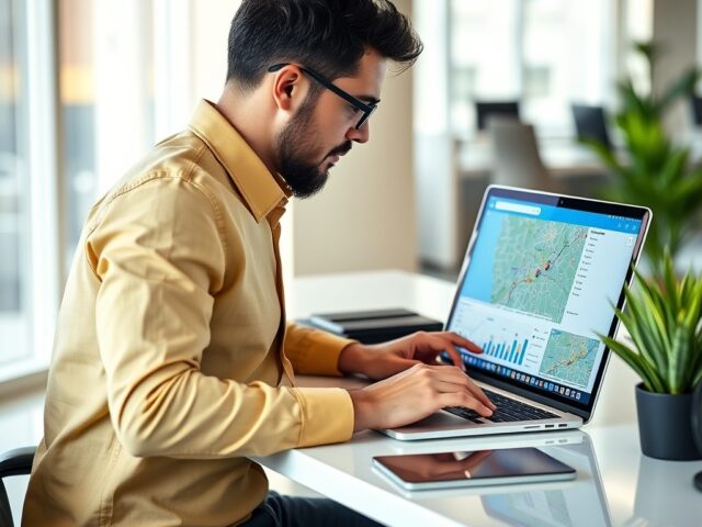 Consulente SEO locale che analizza dati online su laptop e smartphone