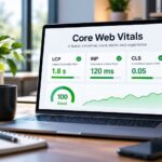 Core Web Vitals LCP, INP e CLS mostrati su un laptop con indicatori di performance