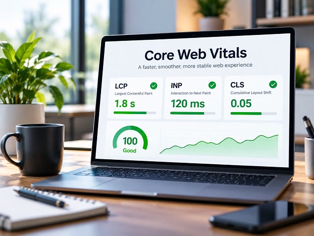 Core Web Vitals LCP, INP e CLS mostrati su un laptop con indicatori di performance