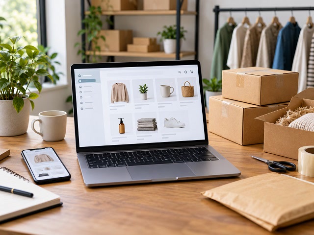 Creazione di un ecommerce con laptop, catalogo prodotti e pacchi per le spedizioni