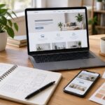 Creazione di un sito web su laptop con wireframe, smartphone e strumenti di web design