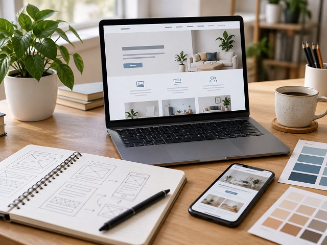 Creazione di un sito web su laptop con wireframe, smartphone e strumenti di web design