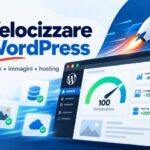 Grafica su come velocizzare WordPress con indicatore delle prestazioni, razzo e icone di cache, immagini e hosting.