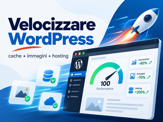 Grafica su come velocizzare WordPress con indicatore delle prestazioni, razzo e icone di cache, immagini e hosting.