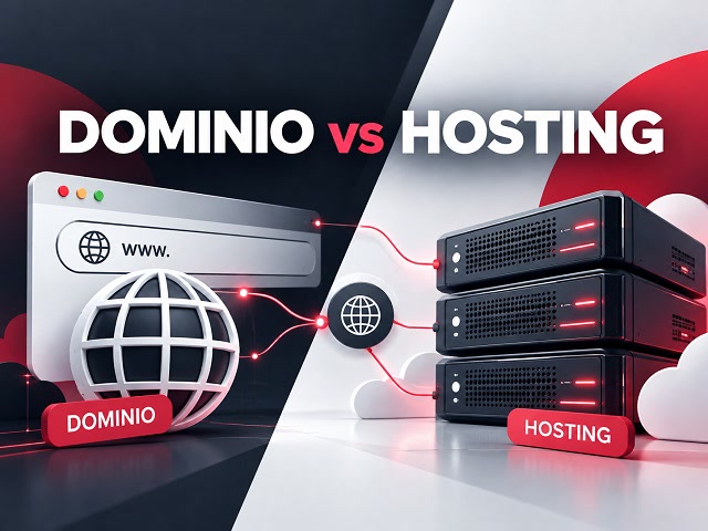 Grafica della differenza tra dominio e hosting: indirizzo web e globo digitale collegati ai server che ospitano il sito.