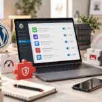 Plugin WordPress su laptop con icone di sicurezza, SEO, velocità, backup e ottimizzazione del sito web