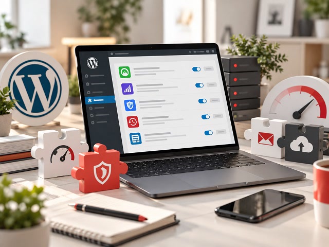 Plugin WordPress su laptop con icone di sicurezza, SEO, velocità, backup e ottimizzazione del sito web